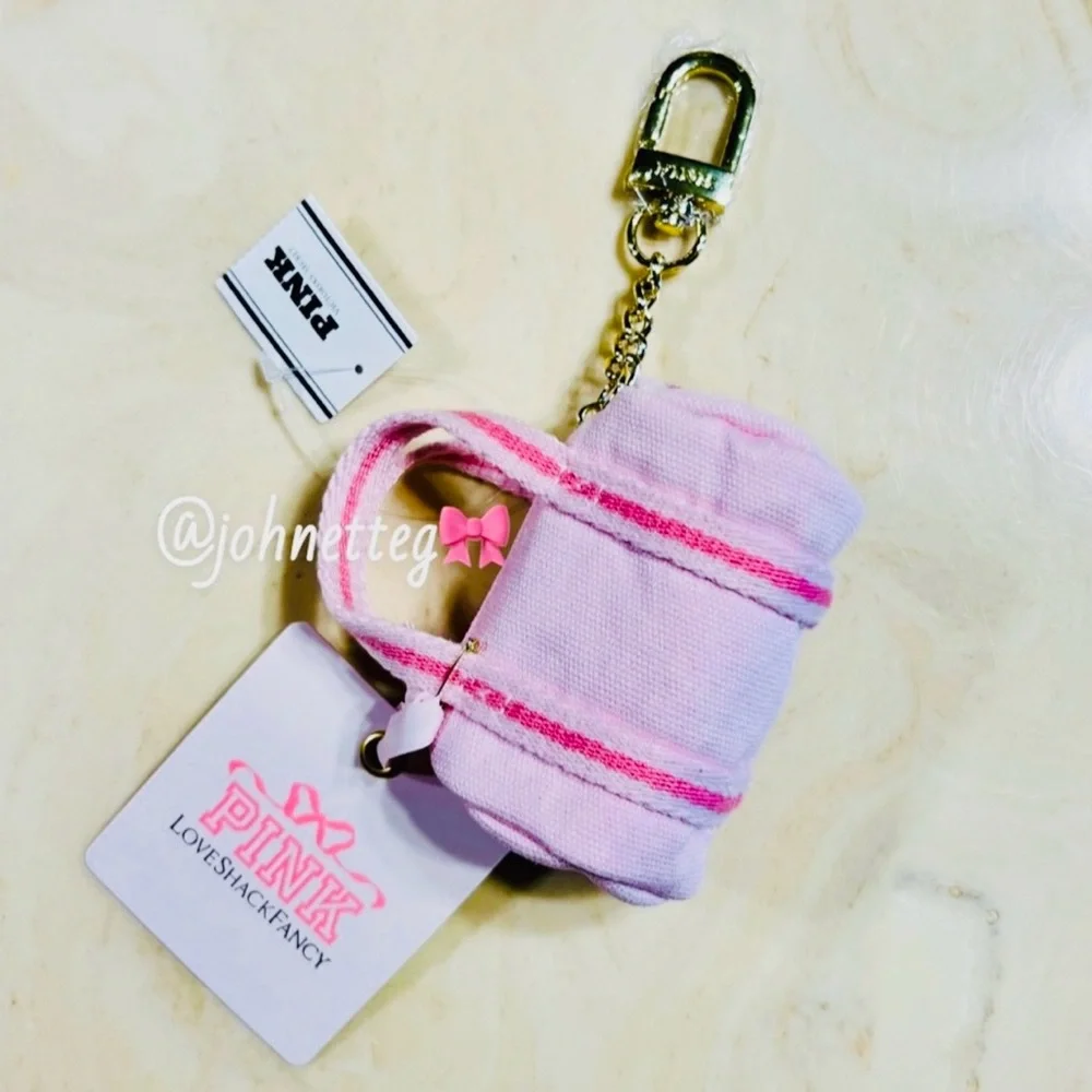 🎀PINK x LoveShackFancy Mini Duffle Bag Keychain Bag Charm Pink Tulip “P” Logo